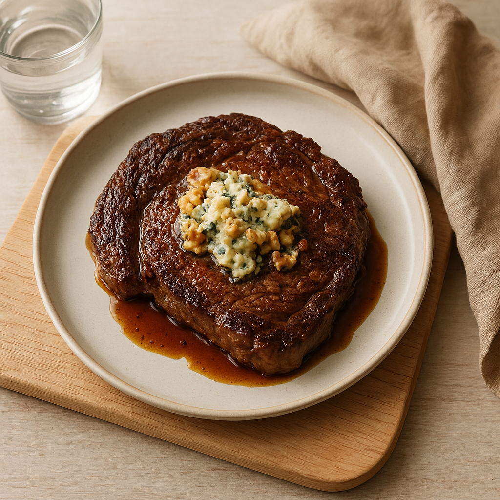Peppercorn Ribeye with Blue Cheese Walnut Butter