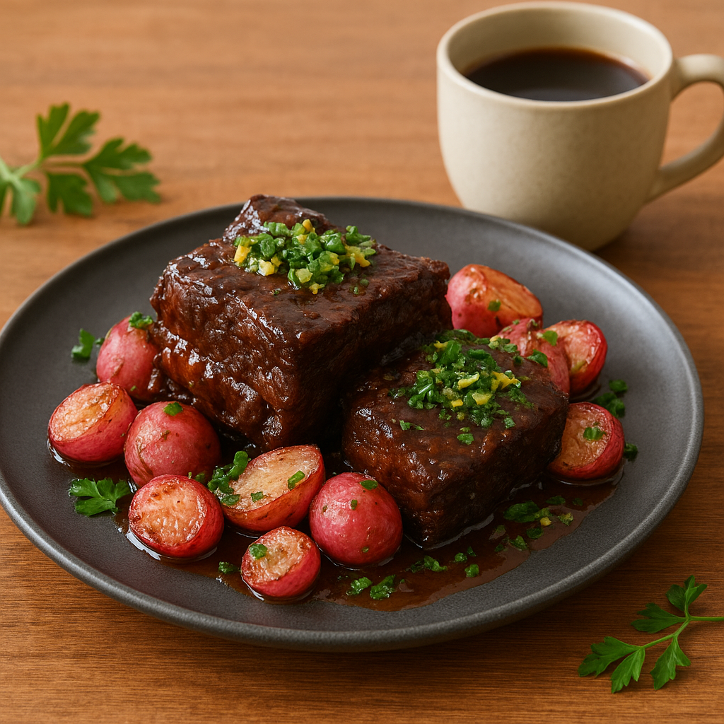 Red-Wine Braised Short Ribs with Roasted Radishes and Lemon-Parsley Gremolata