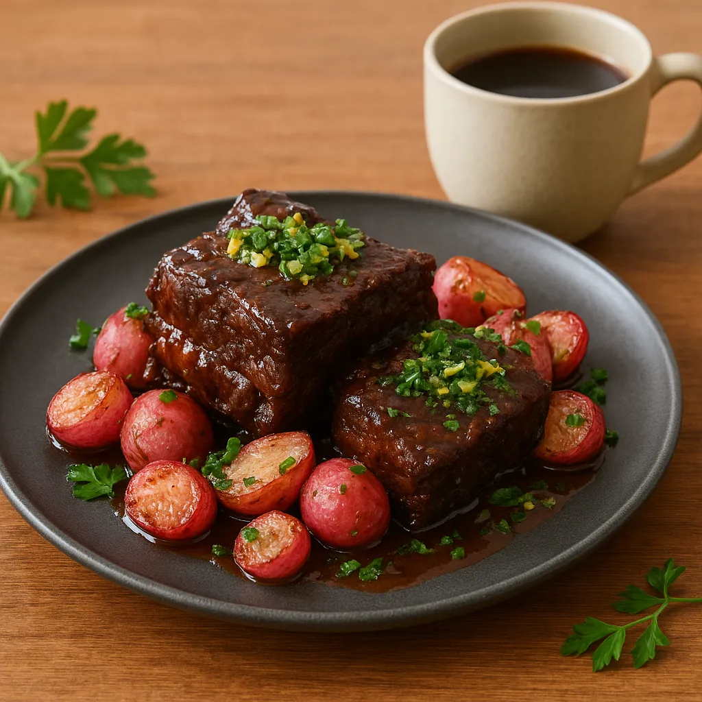 Red-Wine Braised Short Ribs with Roasted Radishes and Lemon-Parsley Gremolata