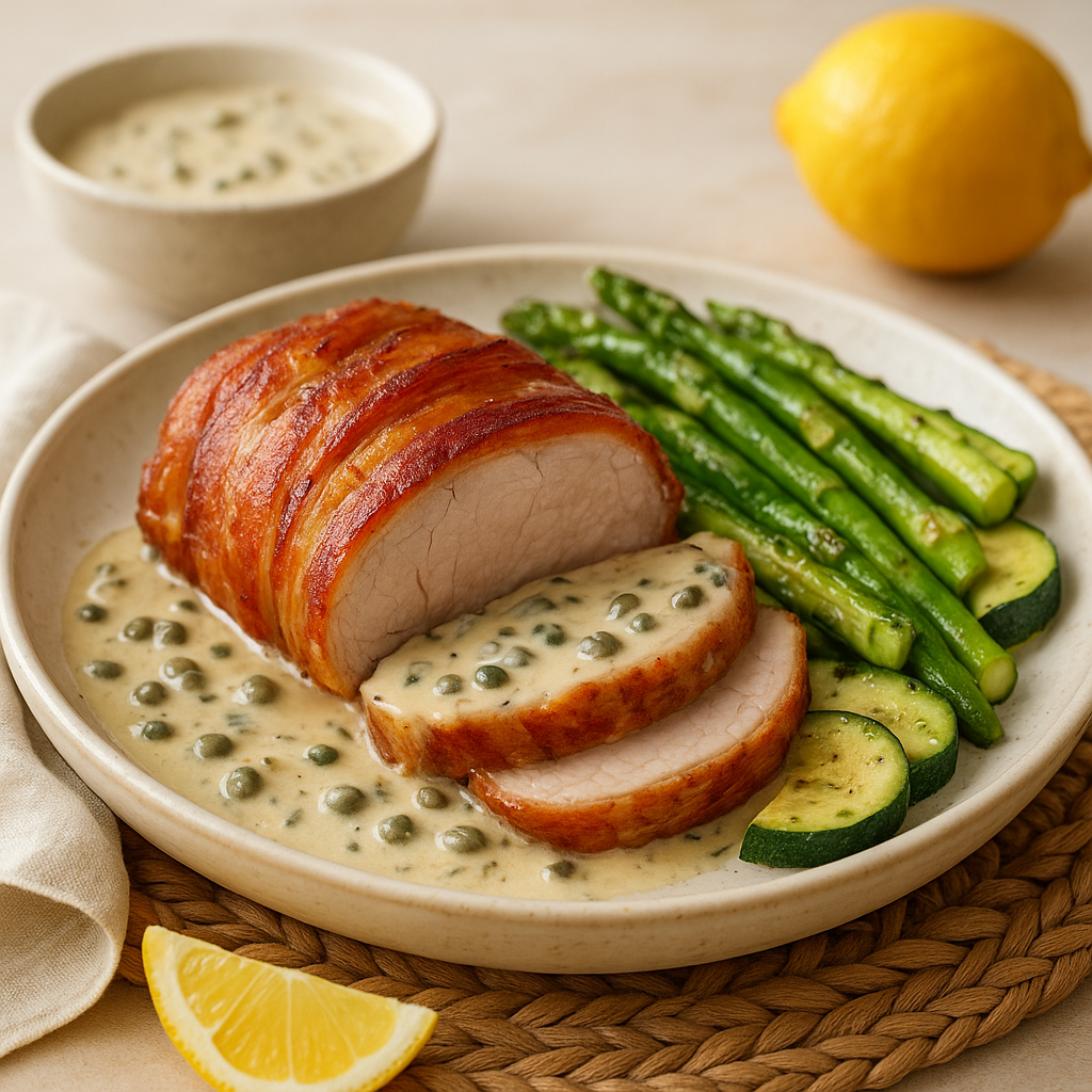 Bacon-Wrapped Roasted Pork Loin with Cream-Caper Pan Sauce and Sautéed Asparagus–Zucchini