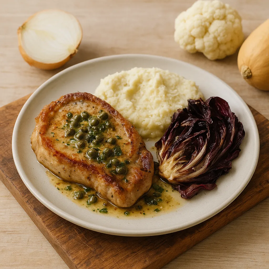 Pan-Seared and Oven-Finished Pork Chops with Caper-Butter, Cauliflower–Parmesan Purée and Charred Radicchio