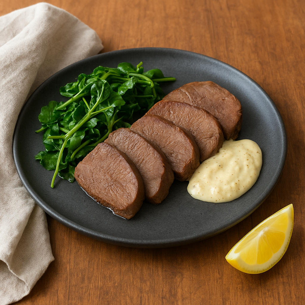 Slow-Braised Beef Tongue with Browned-Butter Horseradish Sauce and Sautéed Watercress