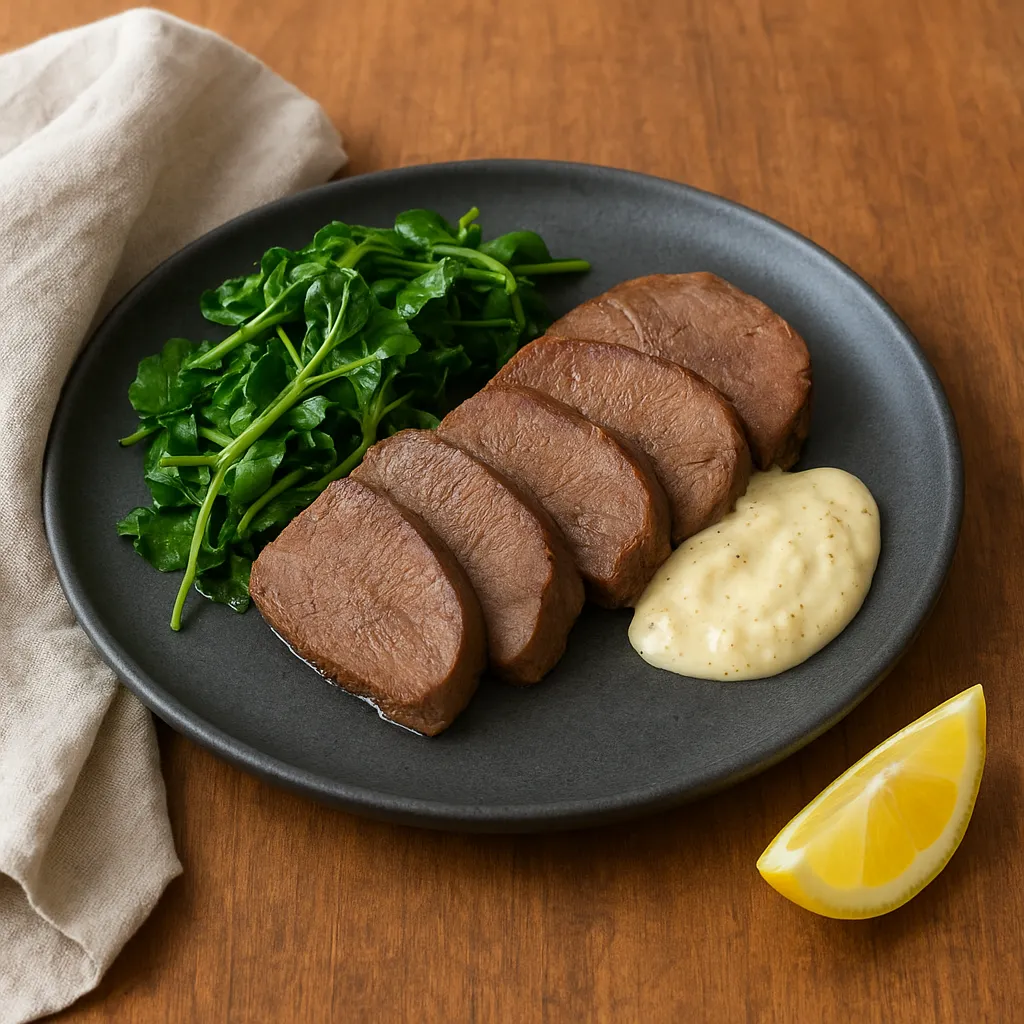 Slow-Braised Beef Tongue with Browned-Butter Horseradish Sauce and Sautéed Watercress