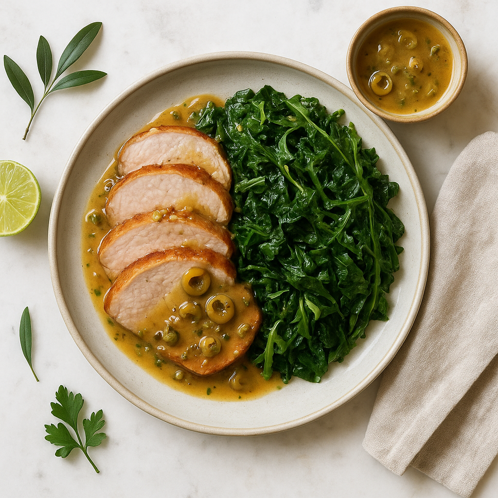Roast Pork Loin with Olive-Mustard Pan Sauce and Braised Kale–Arugula