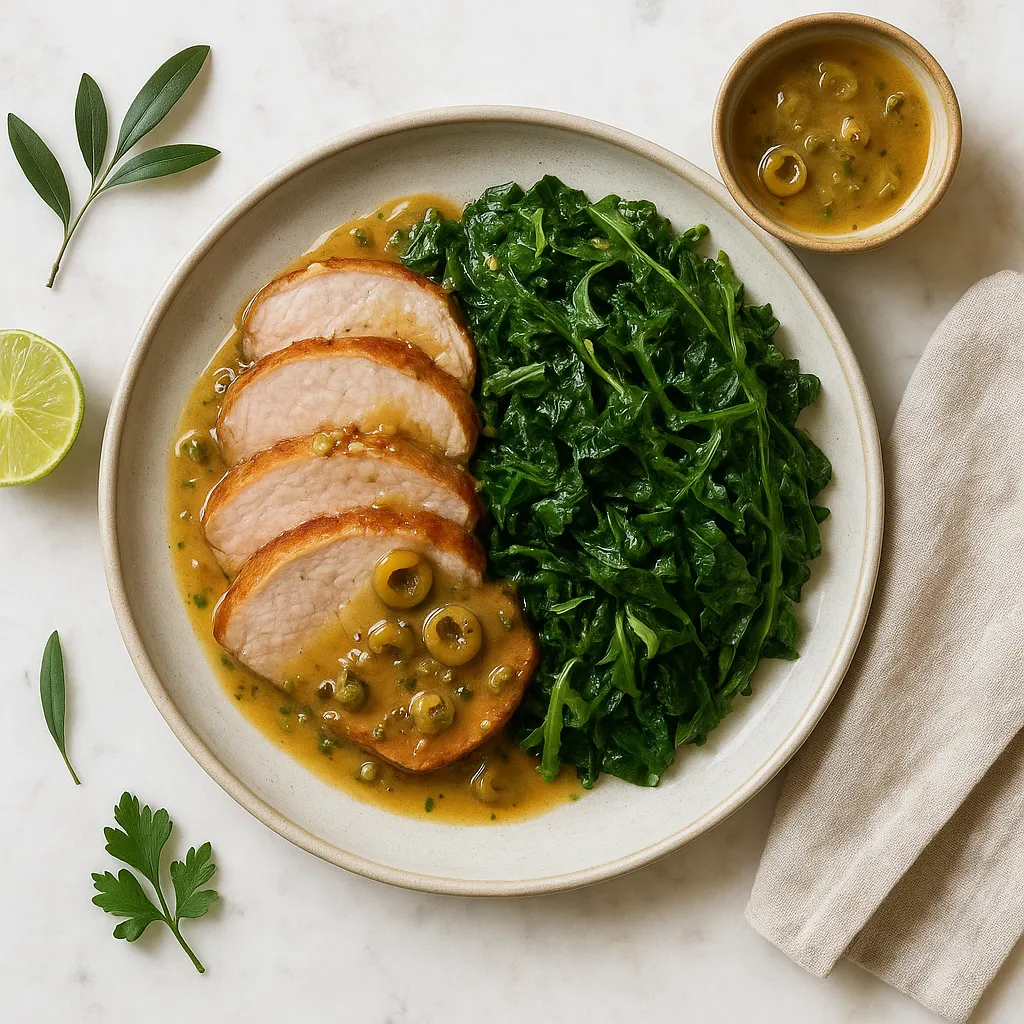 Roast Pork Loin with Olive-Mustard Pan Sauce and Braised Kale–Arugula