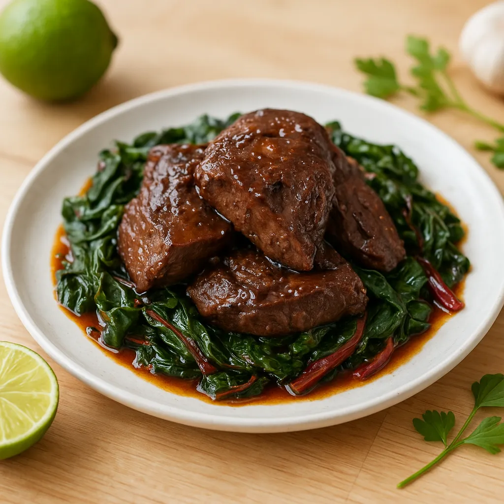 Slow-Braised Beef Heart with Tamari-Anchovy Glaze and Wilted Swiss Chard