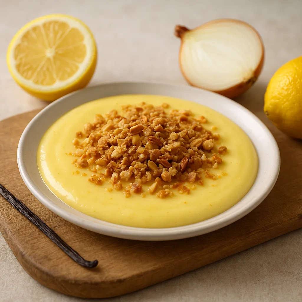 Lemon‑Vanilla Set Custard with Toasted Almond Crumble