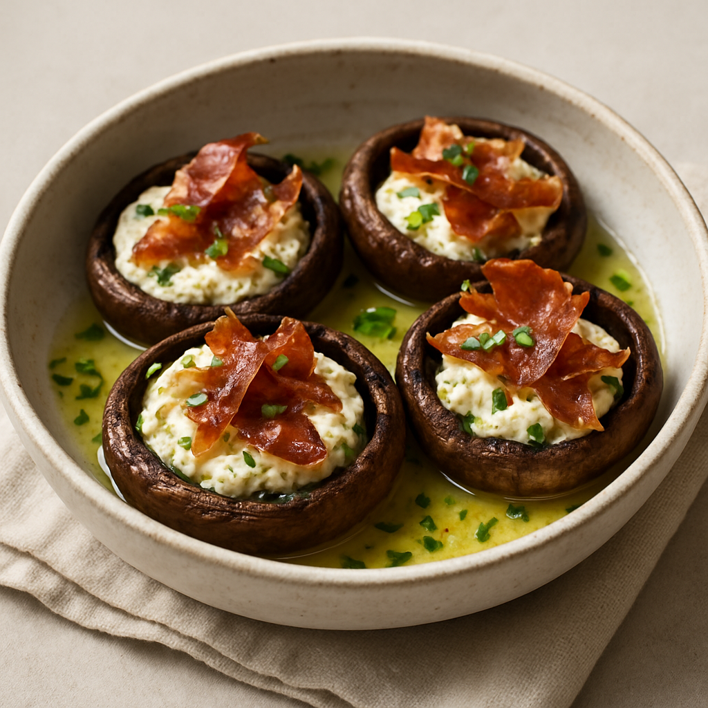 Baked Portobello Caps with Herbed Goat Cheese, Crispy Prosciutto and Lemon-Chive Vinaigrette