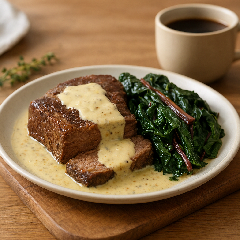 Slow-Braised Chuck Roast with Mustard Cream and Braised Swiss Chard