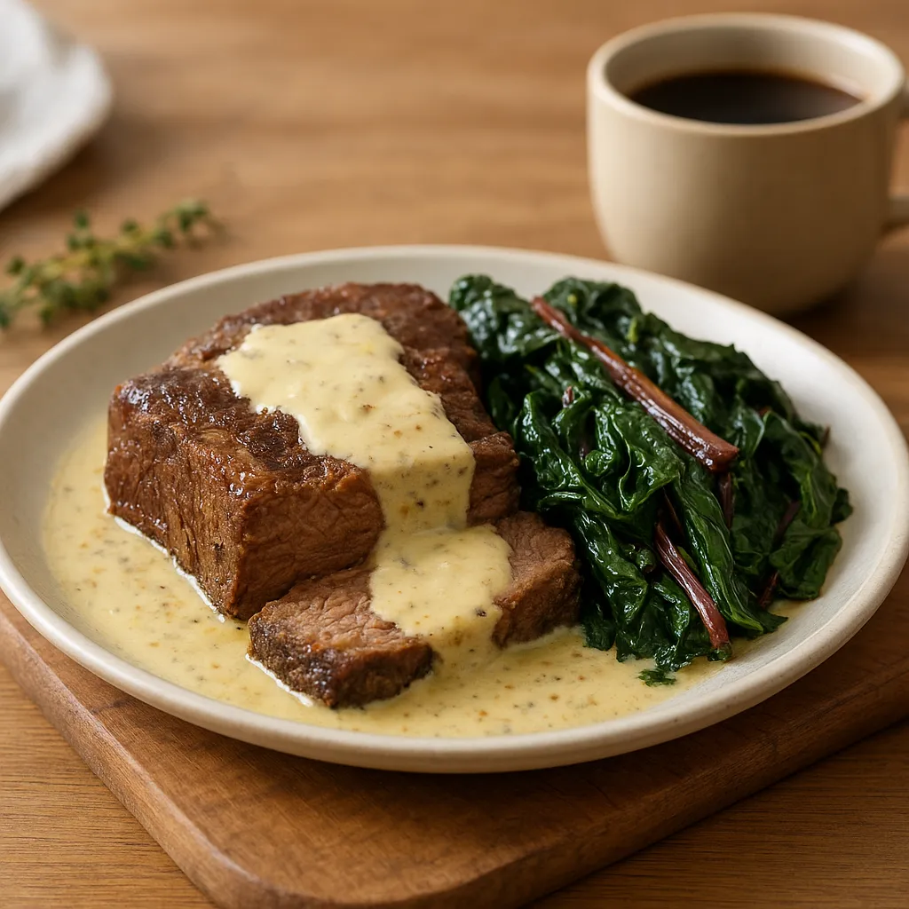Slow-Braised Chuck Roast with Mustard Cream and Braised Swiss Chard