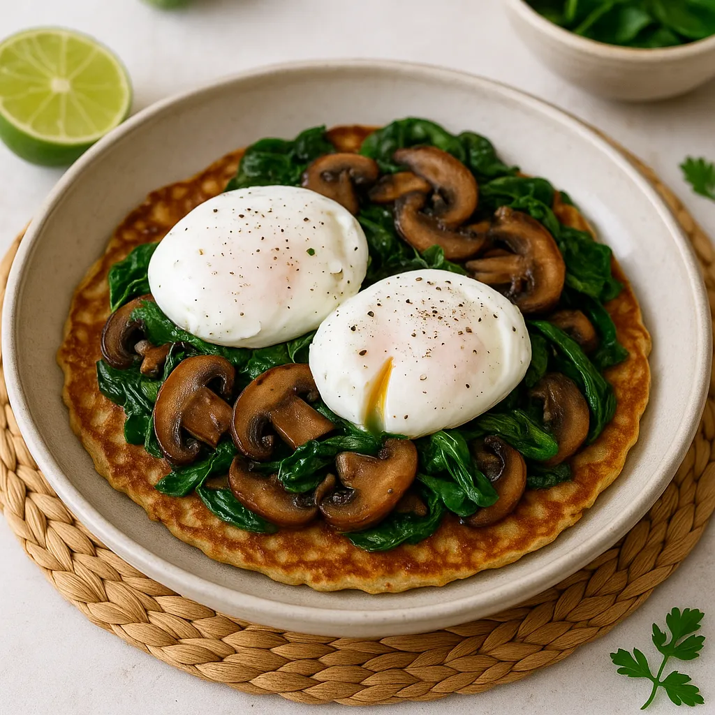 Savory Almond Pancakes with Sautéed Cremini, Wilted Spinach and Poached Eggs