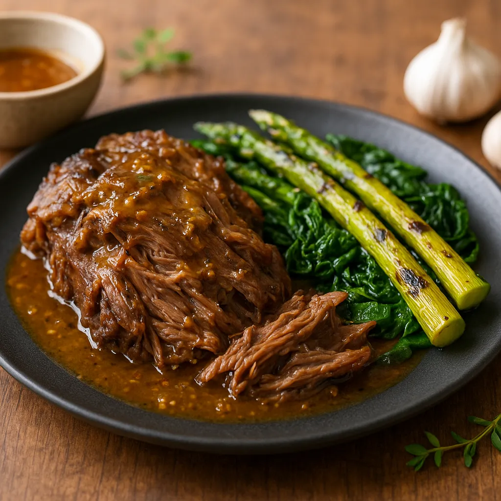 Slow-Braised Lamb Shoulder with Olive-Mustard Jus, Charred Asparagus and Wilted Spinach