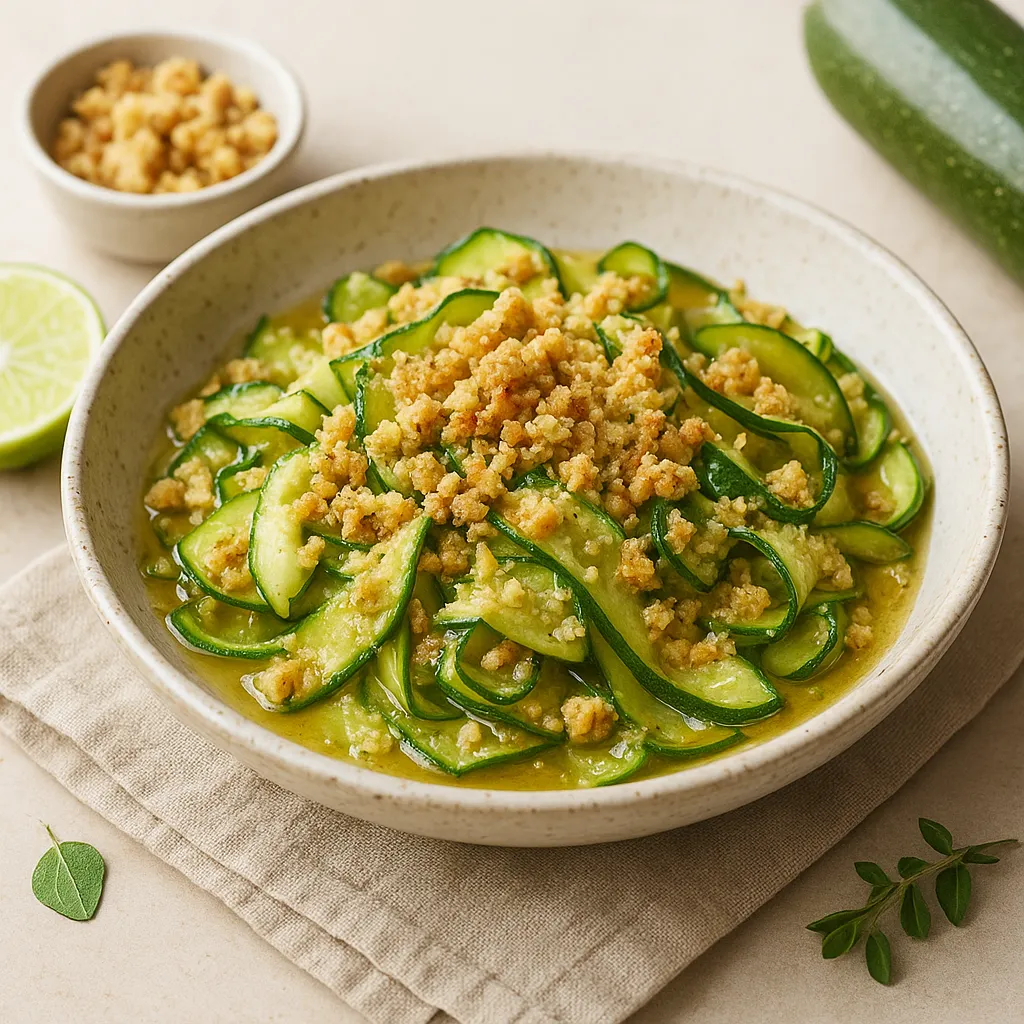Anchovy-Butter Zucchini Ribbons with Pork Rind–Parmesan Crumble