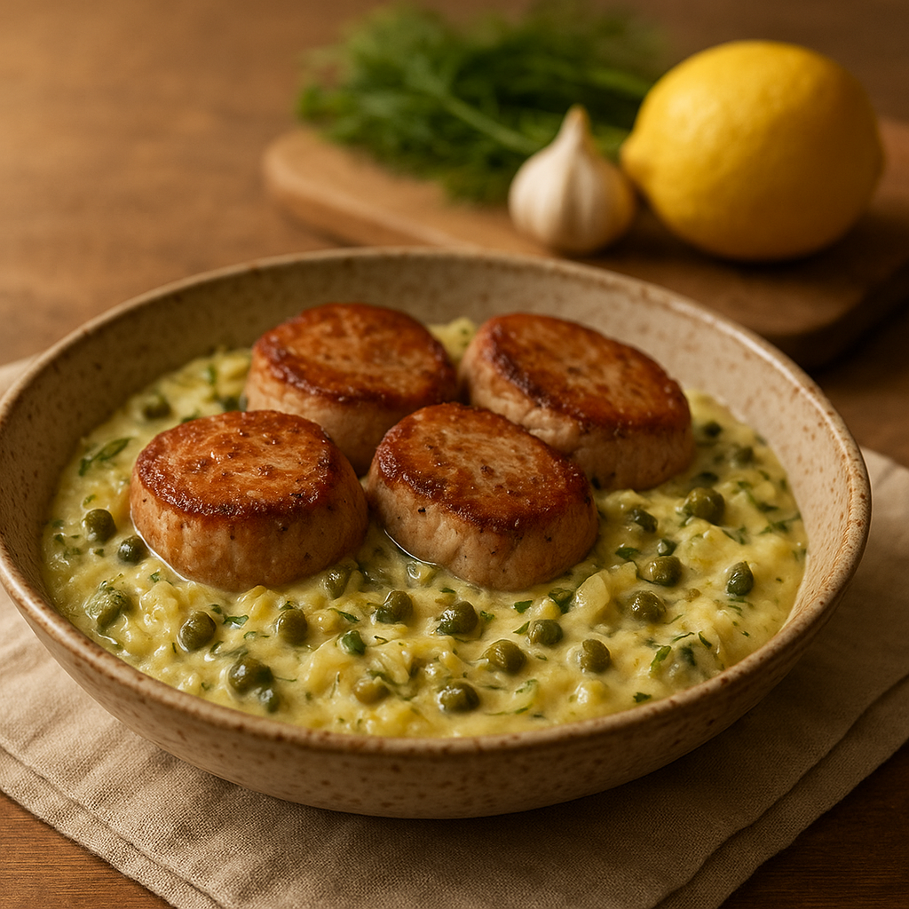 Seared Pork Tenderloin Medallions with Creamy Lemon-Fennel and Olive-Caper Tapenade
