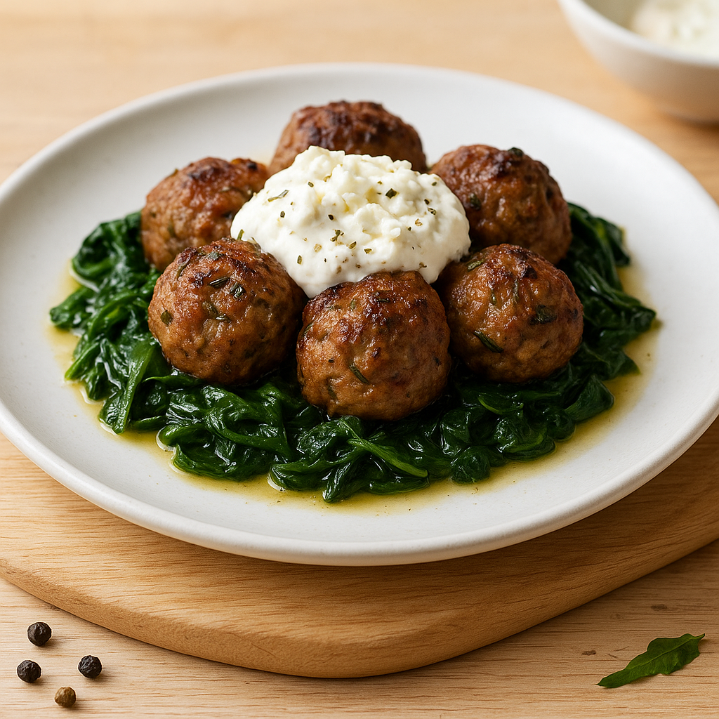 Rosemary Lamb Meatballs with Feta Cream and Wilted Spinach
