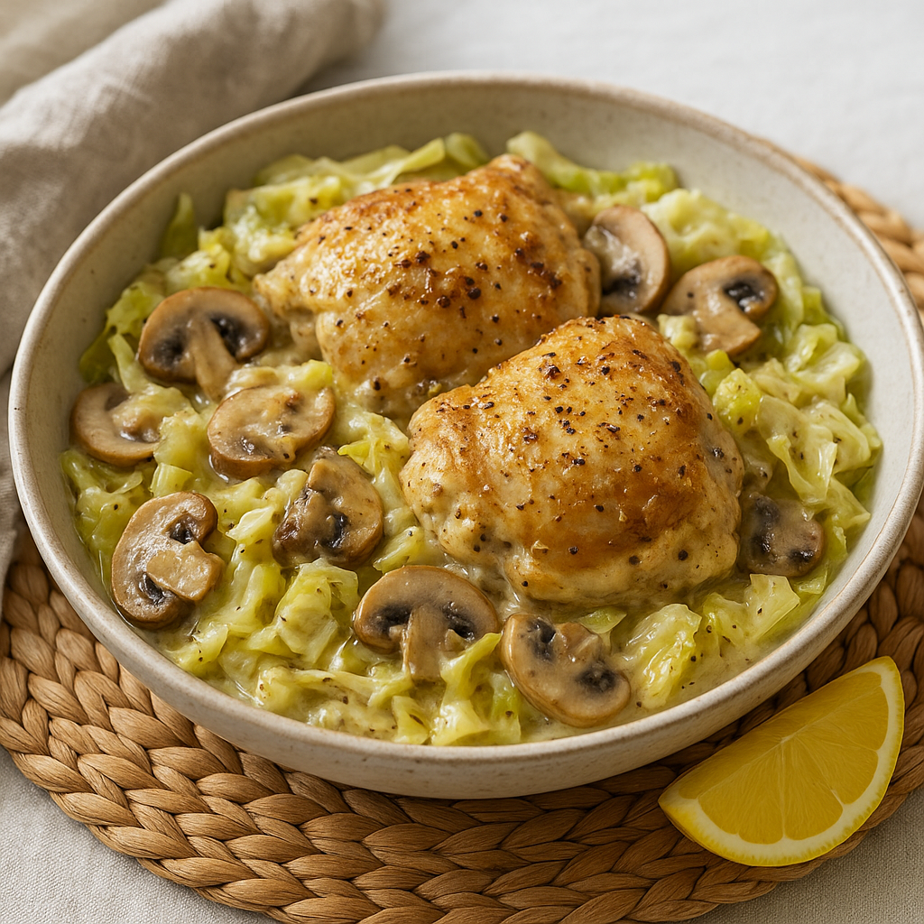 Mustard-Cream Chicken Thighs with Cabbage and Mushrooms