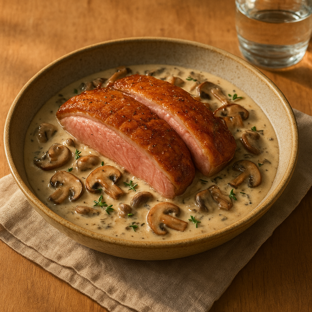 Crisp-Skinned Duck Breast with Mushroom Thyme Cream