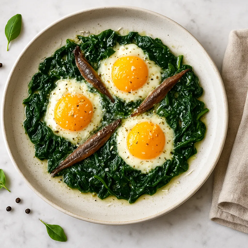 Anchovy-Butter Baked Eggs with Wilted Spinach and Parmesan