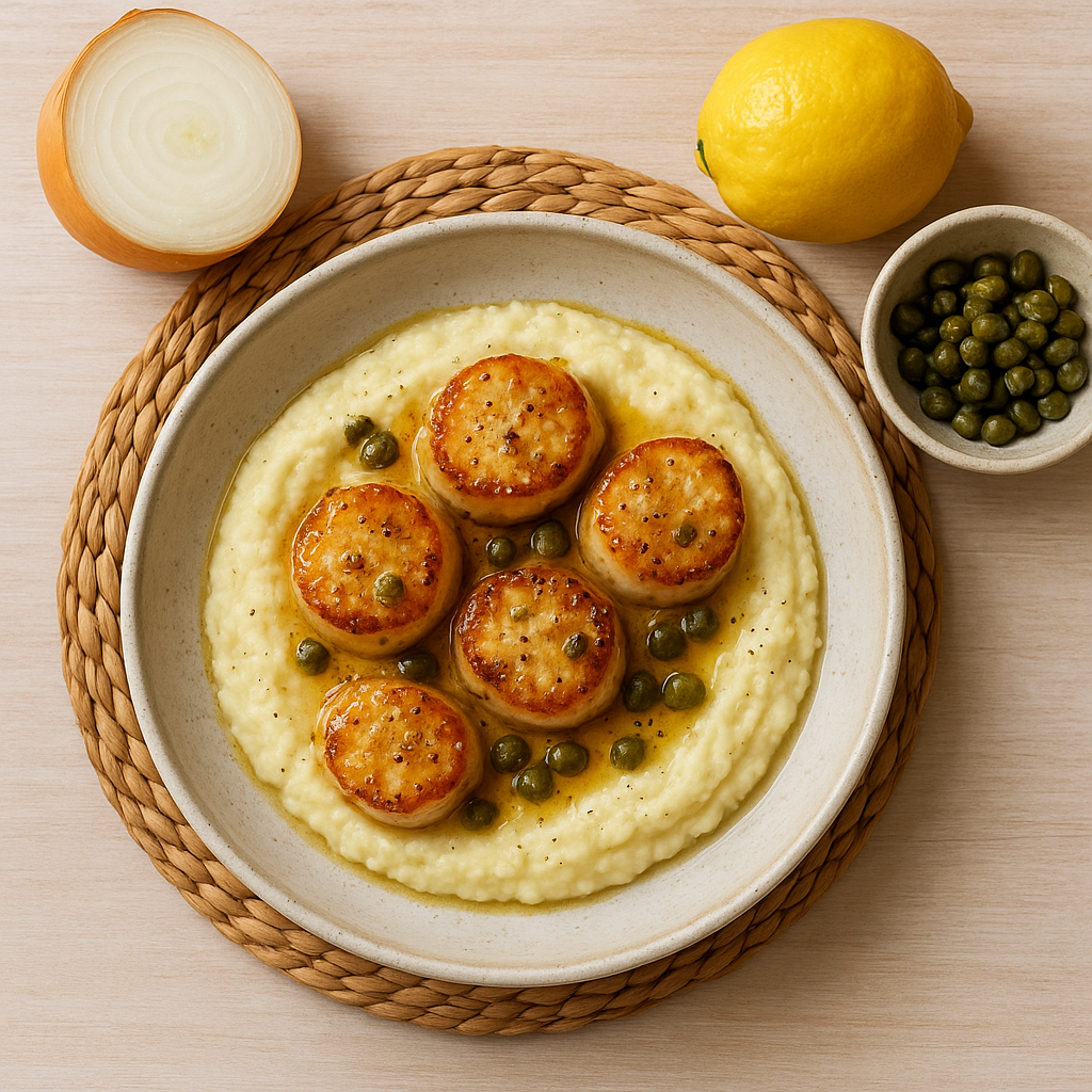 Seared Scallops with Caper-Lemon Brown Butter and Cauliflower-Parmesan Purée