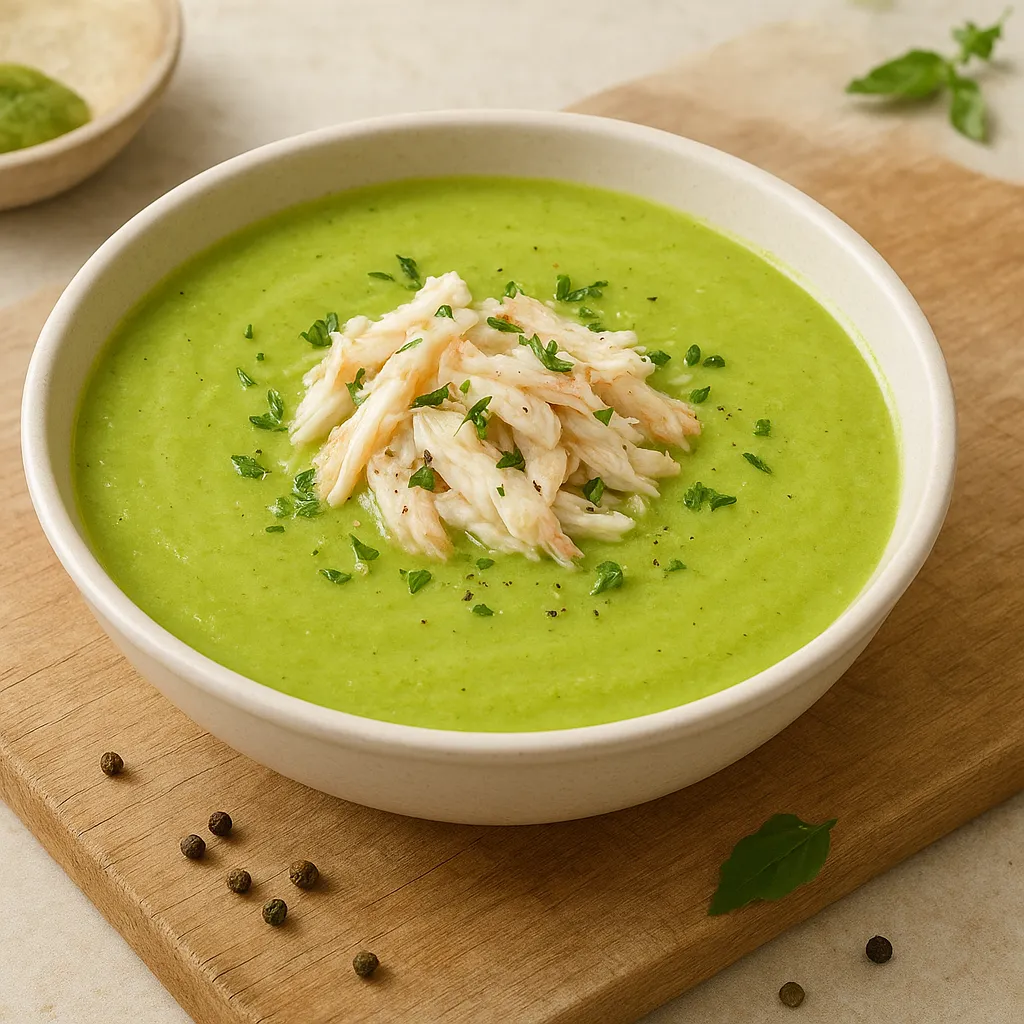 Chilled Avocado–Zucchini Spoon Soup with Crab