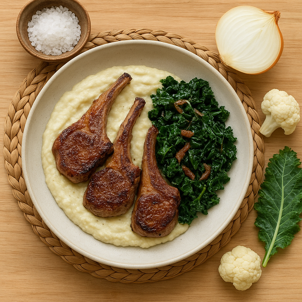 Pan-Seared and Oven-Roasted Lamb Chops with Parmesan Cauliflower Purée and Anchovy-Wilted Kale