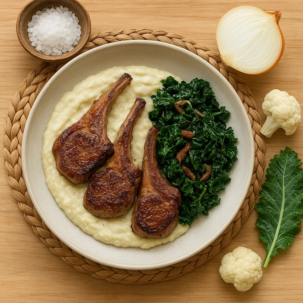 Pan-Seared and Oven-Roasted Lamb Chops with Parmesan Cauliflower Purée and Anchovy-Wilted Kale