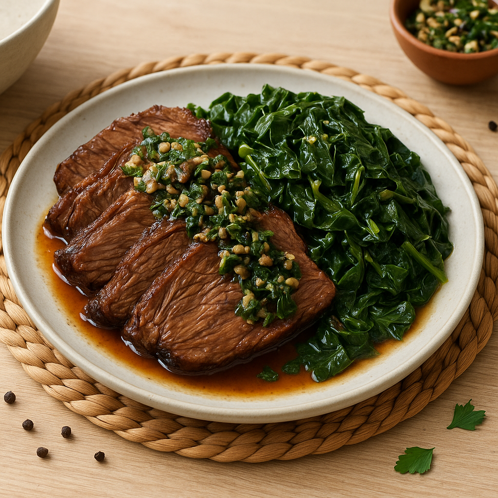 Slow-Braised Beef Brisket with Garlic-Braised Collards and Mushroom Gremolata