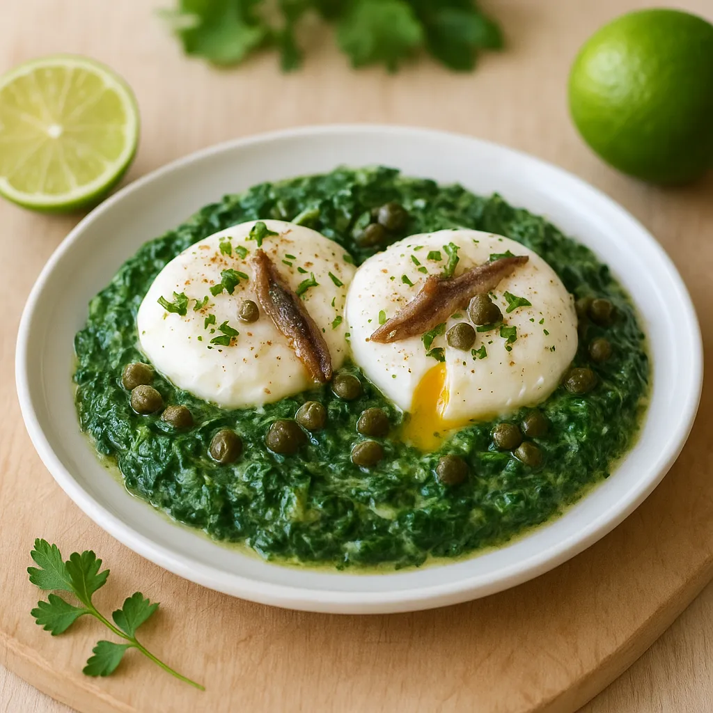Anchovy-Lemon Poached Eggs with Creamed Spinach and Capers