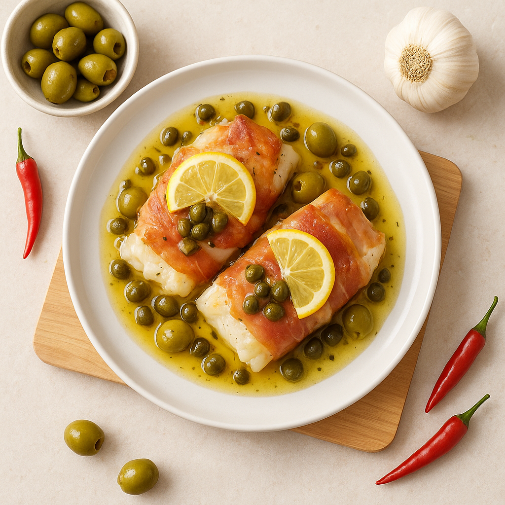 Prosciutto-Wrapped Cod with Lemon-Caper Olive Pan Sauce