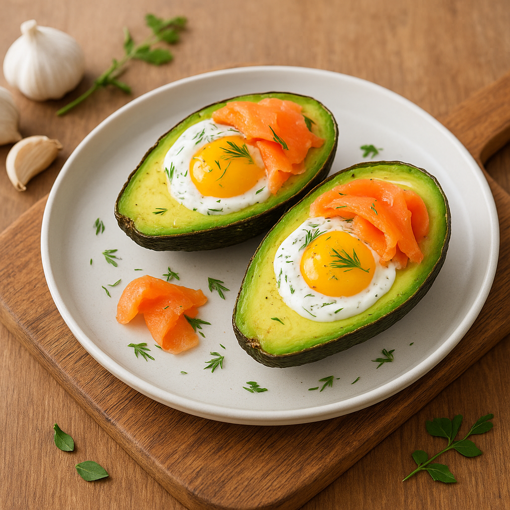 Baked Eggs in Avocado with Smoked Salmon and Dill-Yogurt Drizzle