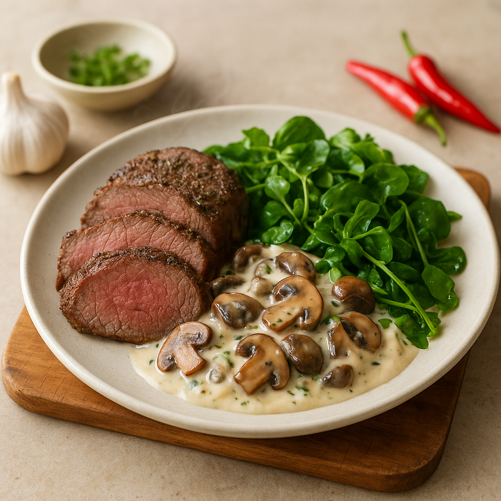 Herb-Roasted Beef Sirloin with Garlic-Creamed Cremini and Sautéed Watercress