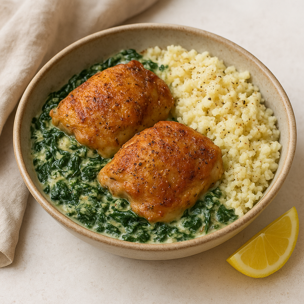 Pan-Seared Chicken Thighs with Creamed Spinach and Riced Cauliflower Bake