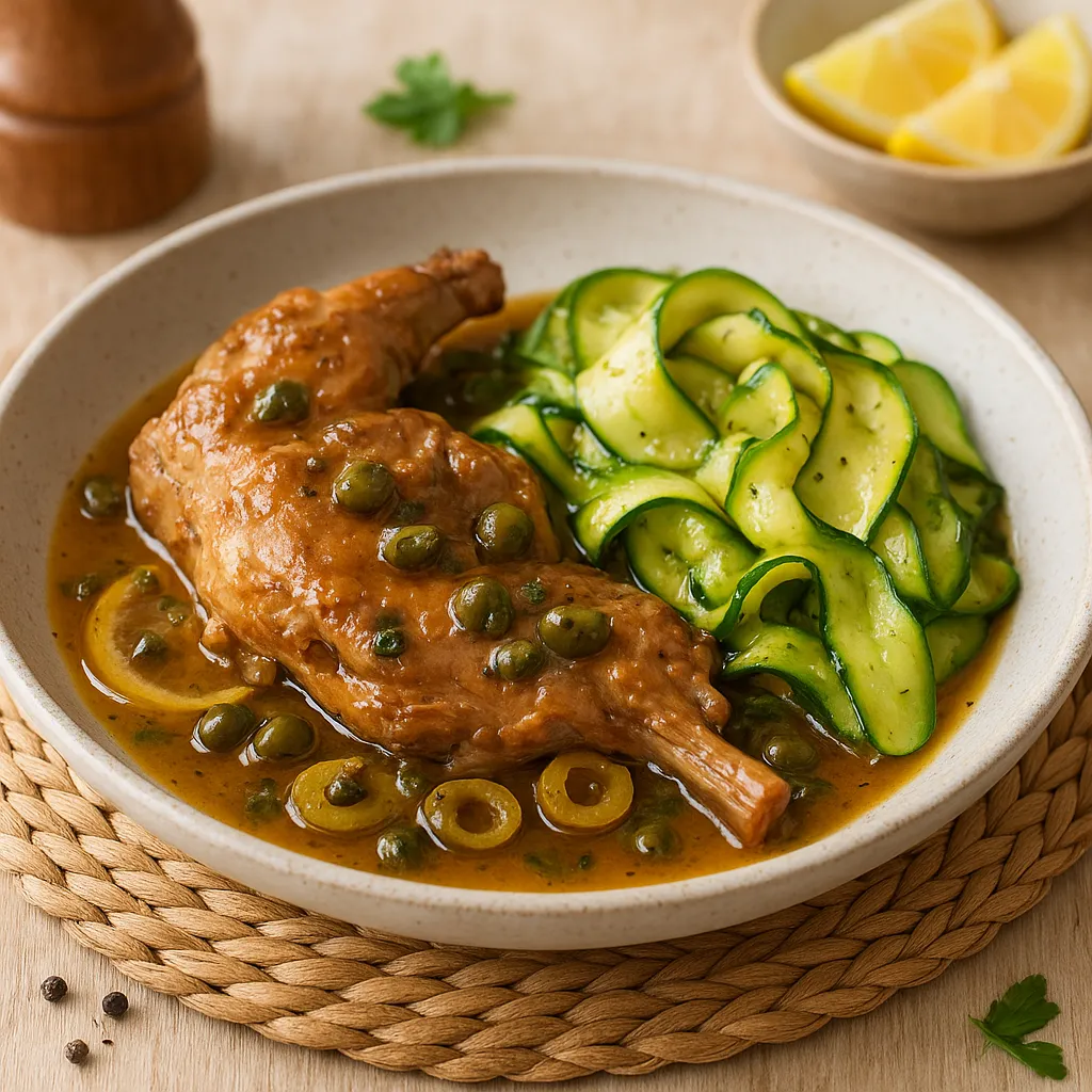 Slow-Braised Rabbit with Olive‑Caper Lemon Sauce and Sautéed Zucchini Ribbons