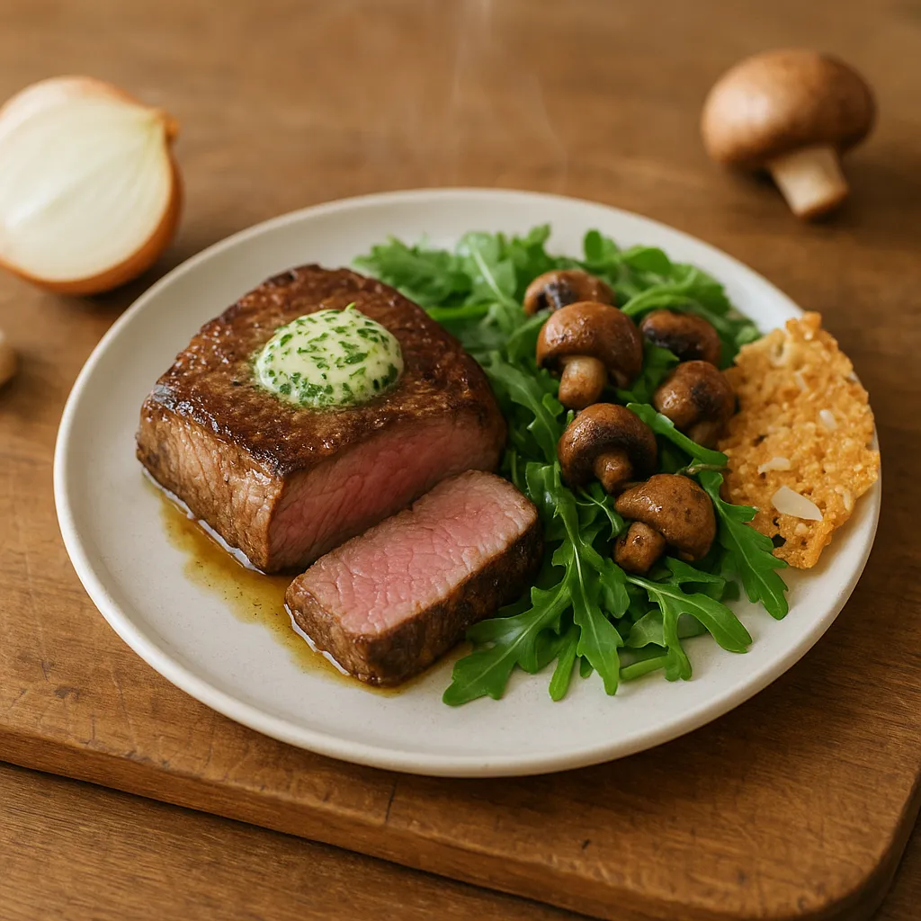 Roasted Beef Sirloin with Herb Butter, Sautéed Cremini and Arugula, Almond‑Parmesan Crisp