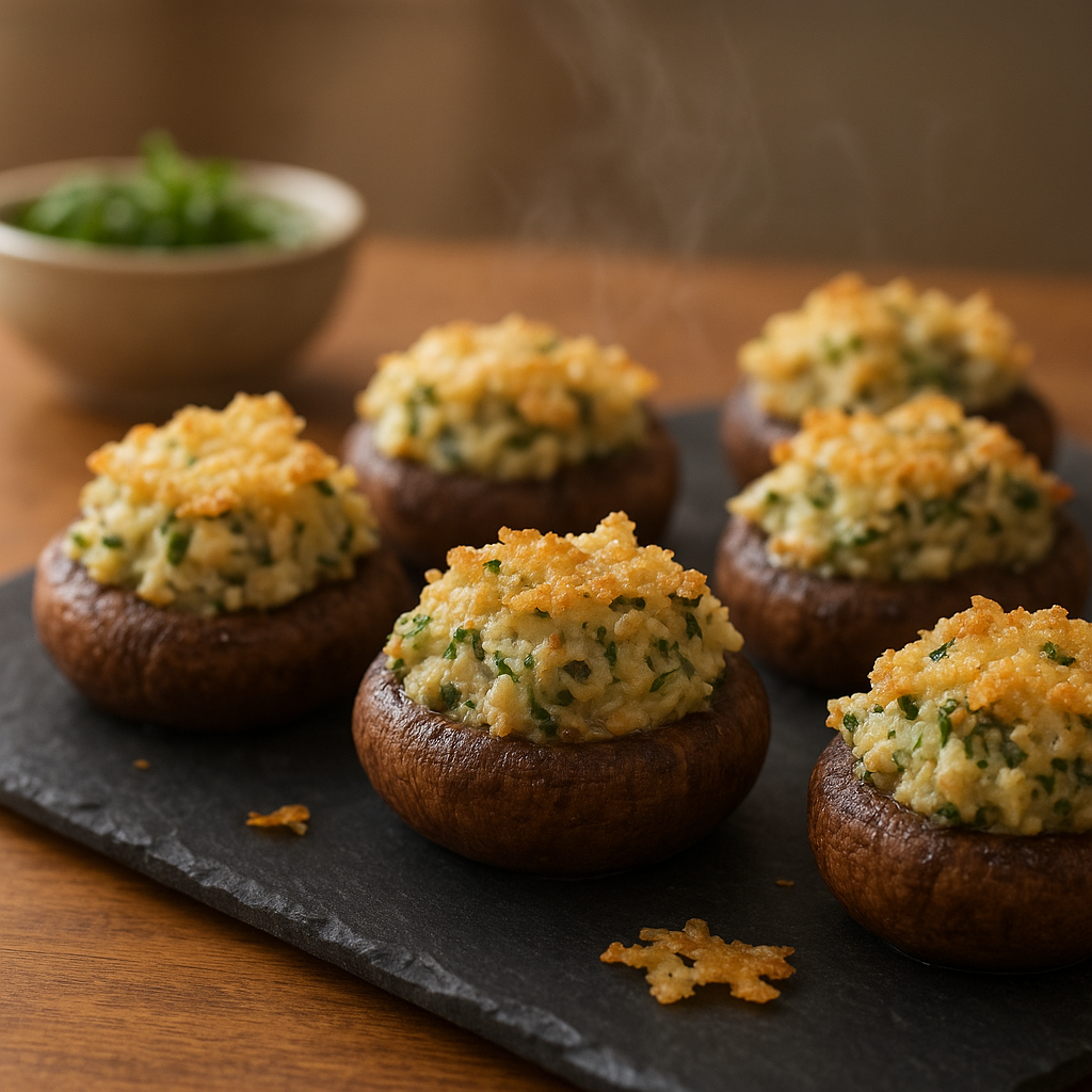 Crab-Herb Stuffed Cremini Mushrooms with Parmesan Crunch