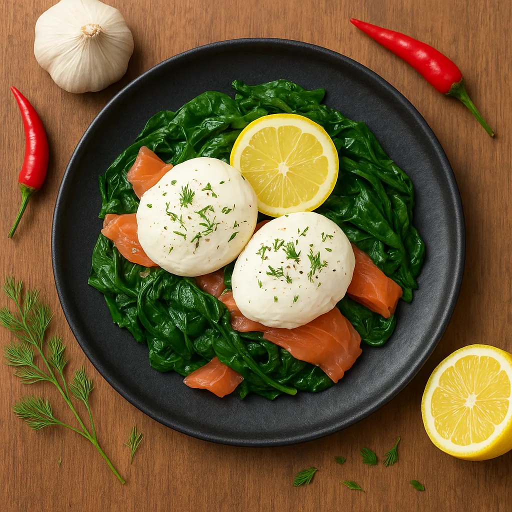 Lemon-Dill Poached Eggs over Smoked Salmon and Wilted Spinach