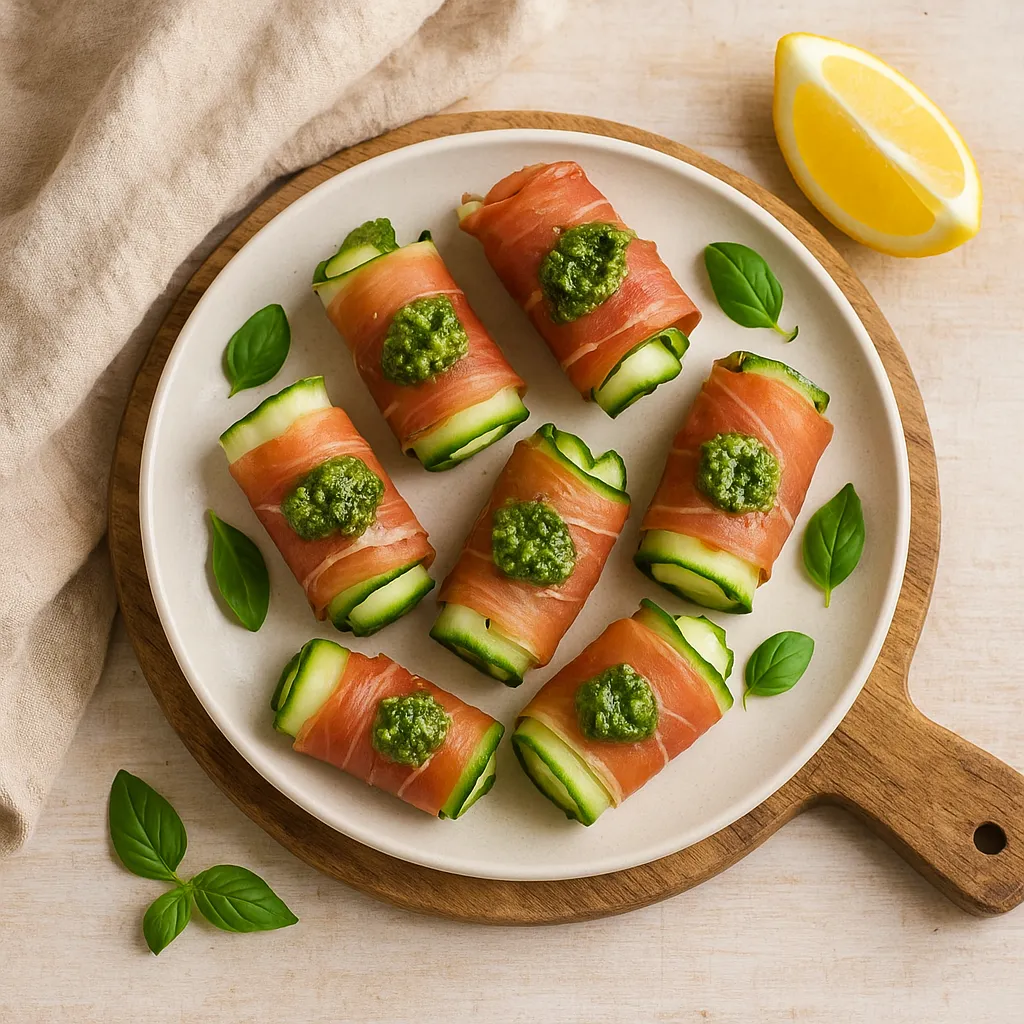 Prosciutto-Wrapped Mozzarella Cucumber Rolls with Pesto