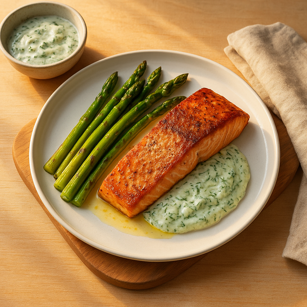 Pan-Seared Salmon with Warm Cucumber-Dill Cream and Blistered Asparagus