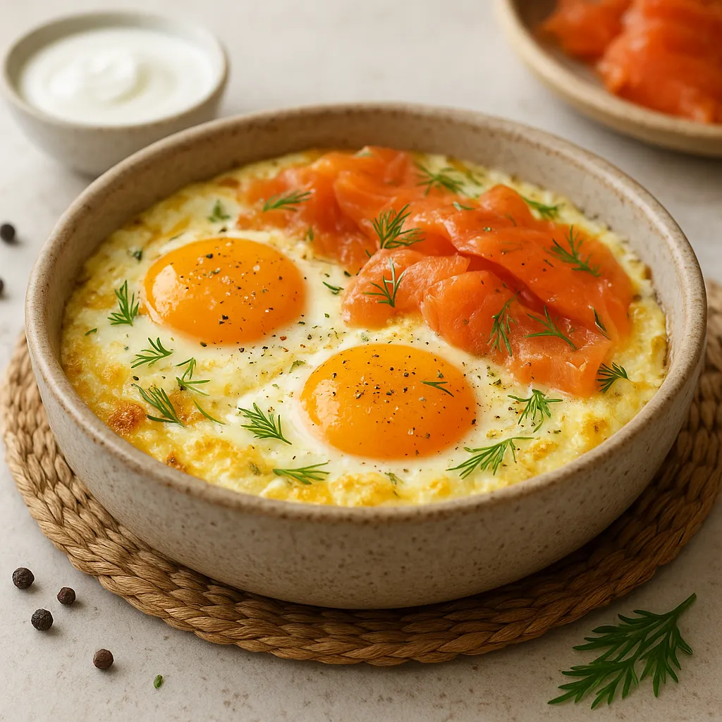 Horseradish-Smoked Salmon Shirred Eggs with Dill