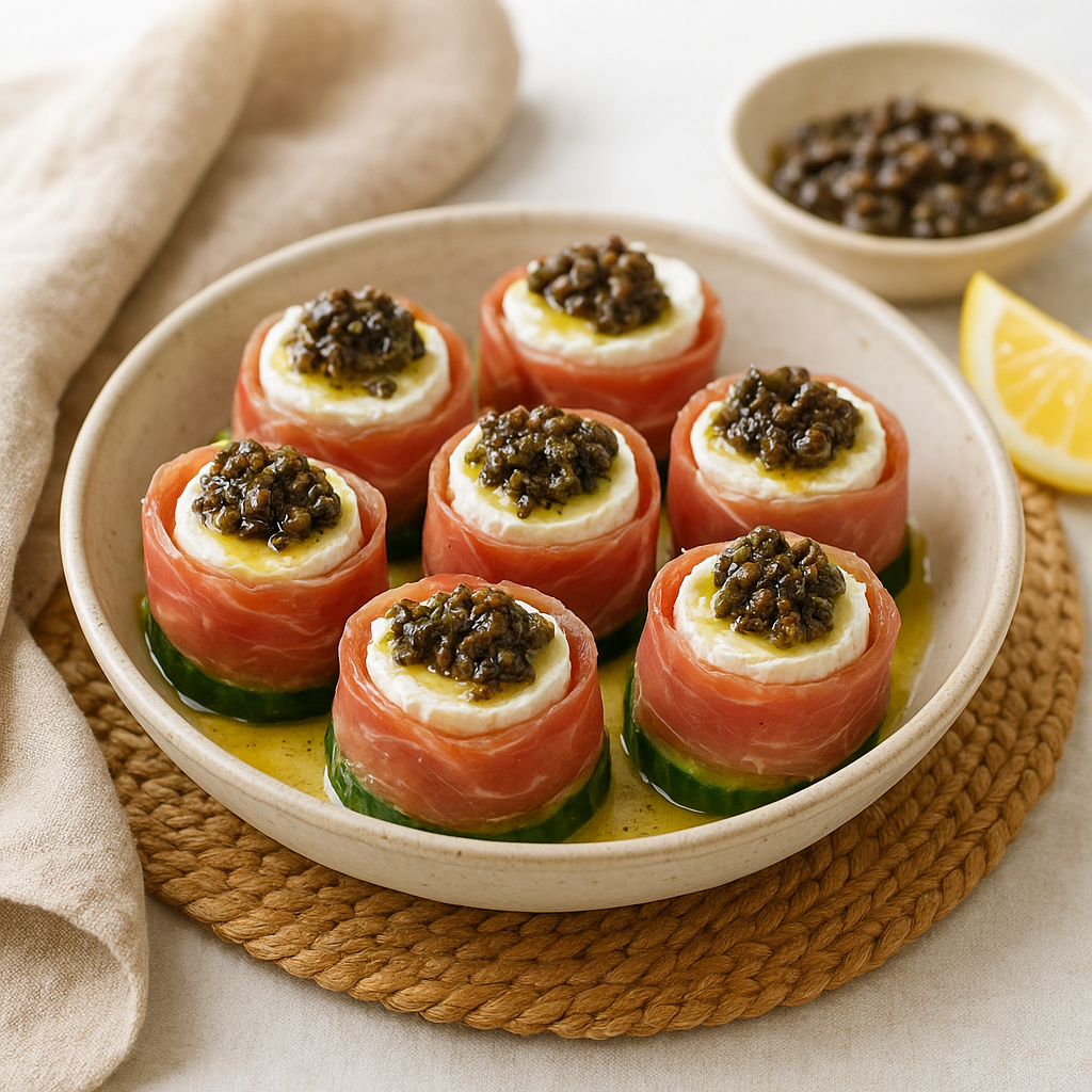Prosciutto-Wrapped Goat Cheese Cucumber Bites with Olive-Caper Tapenade