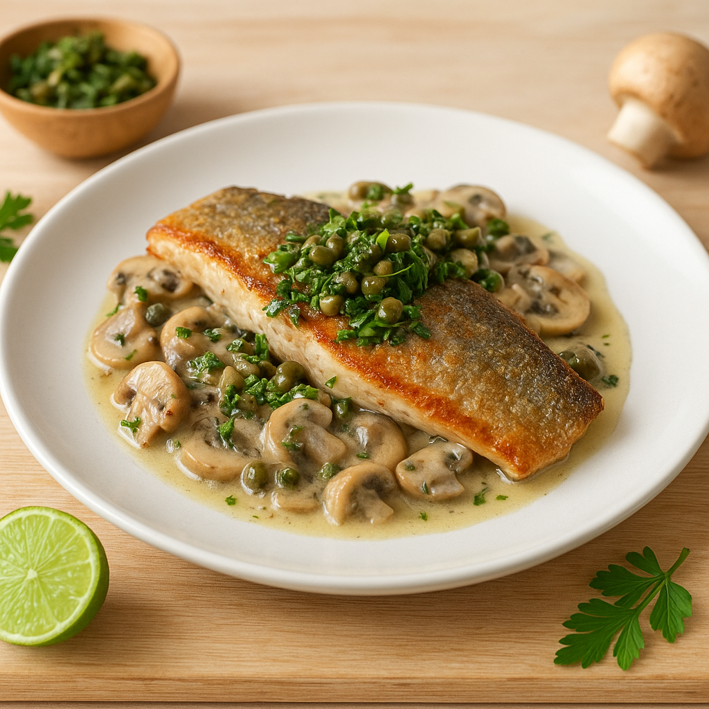Pan-Seared Trout with Creamed Mushrooms and Olive-Caper Gremolata