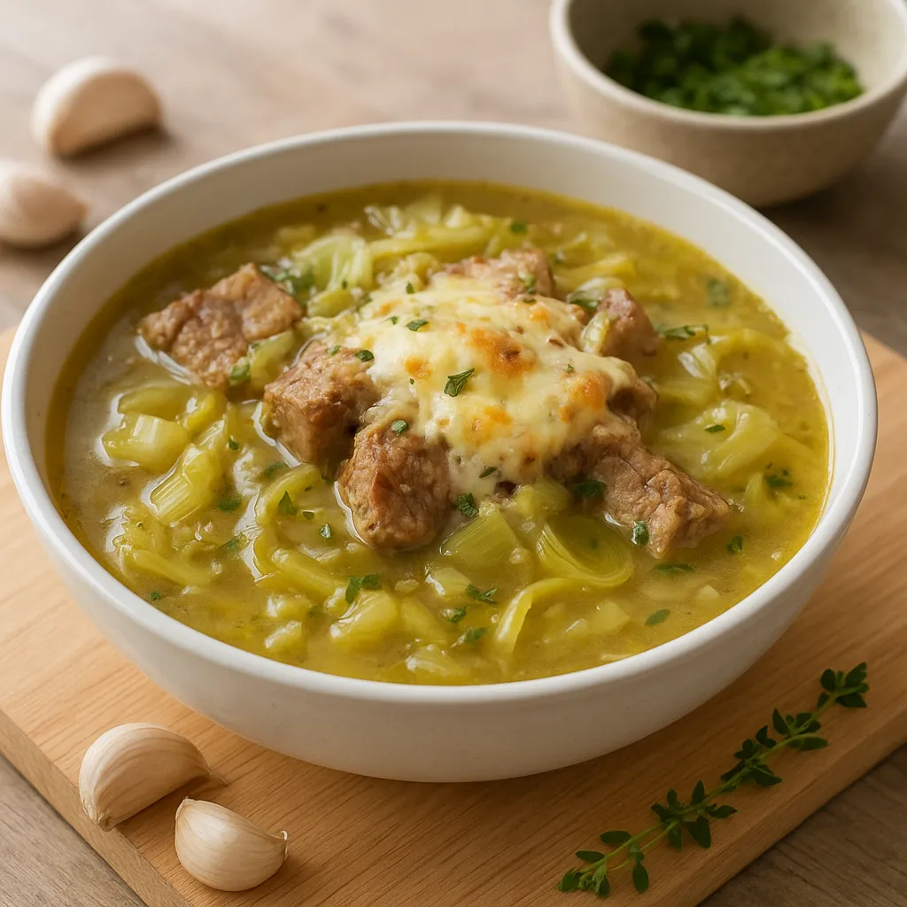 Slow-Simmered Pork Rib, Fennel and Leek Soup with Gruyere