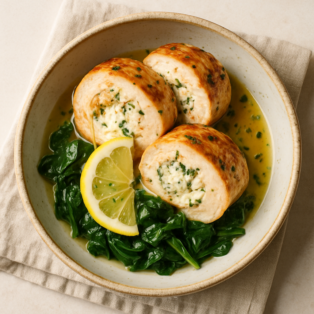 Herb-Goat Cheese Chicken Roulade with Lemon-Garlic Butter and Wilted Baby Spinach