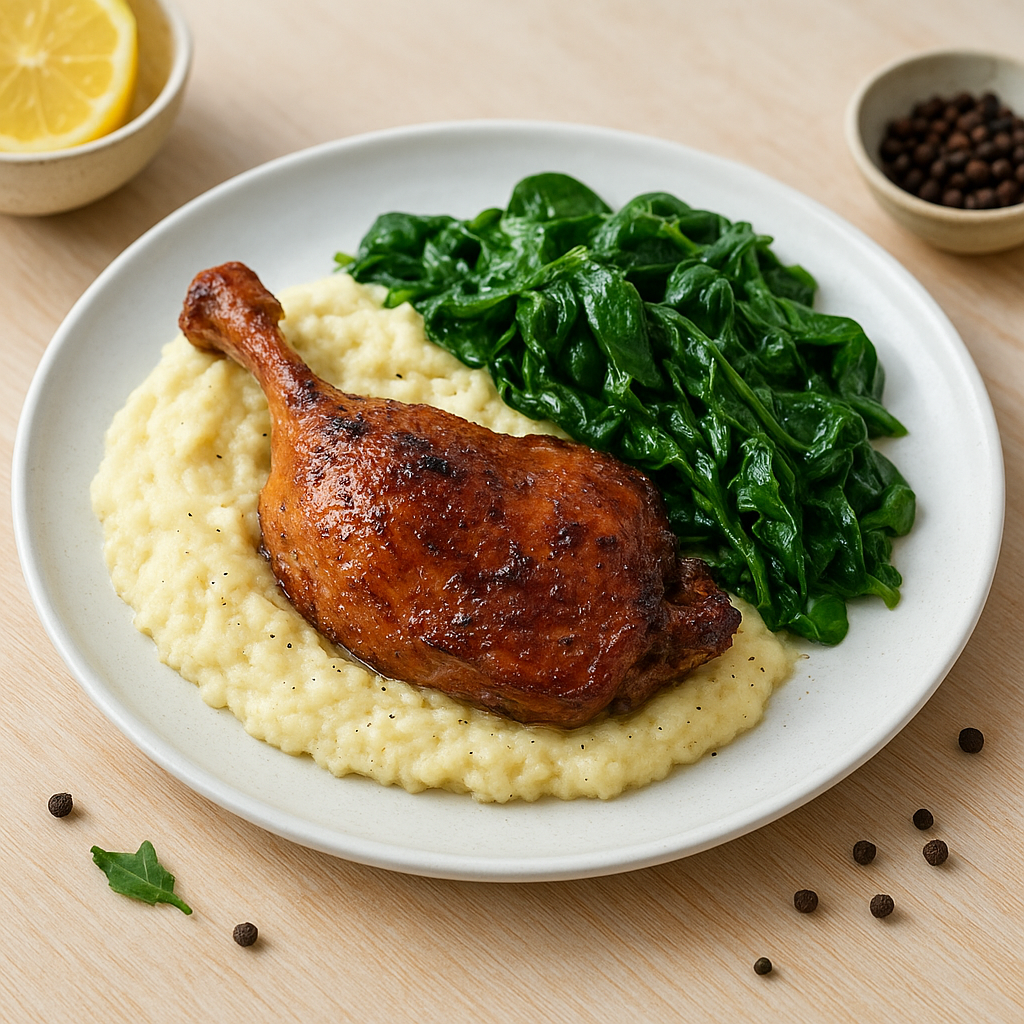 Roasted Duck Legs with Cauliflower–Parmesan Purée and Lemon Spinach