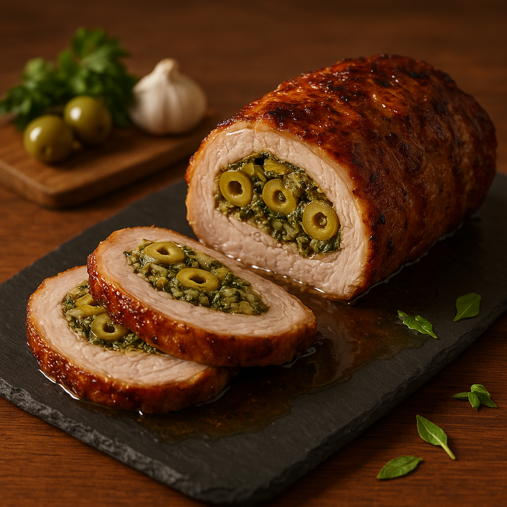 Green Olive and Herb–Stuffed Pork Loin Roast with Pan Juices