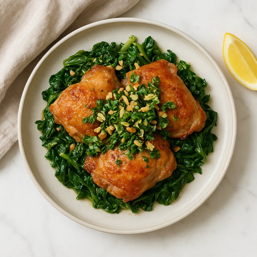 Confit-Style Chicken Thighs with Garlic Mustard Greens and Almond-Parsley Gremolata