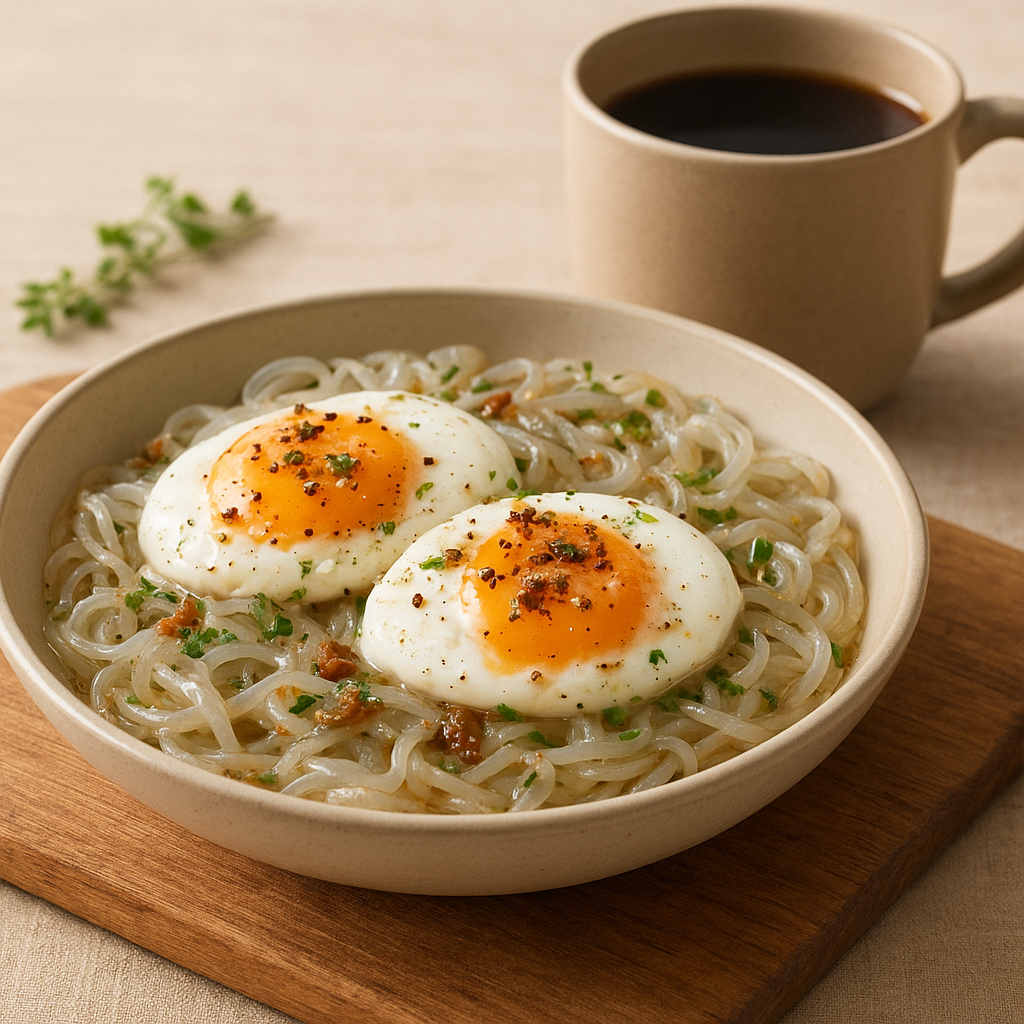 Shirataki Breakfast Bowl with Poached Eggs and Anchovy-Garlic Oil