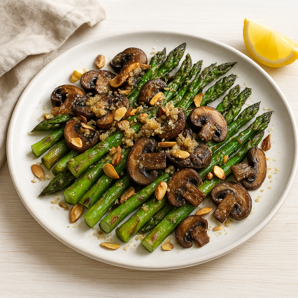 Charred Asparagus and Cremini with Anchovy-Parmesan Butter and Toasted Almonds