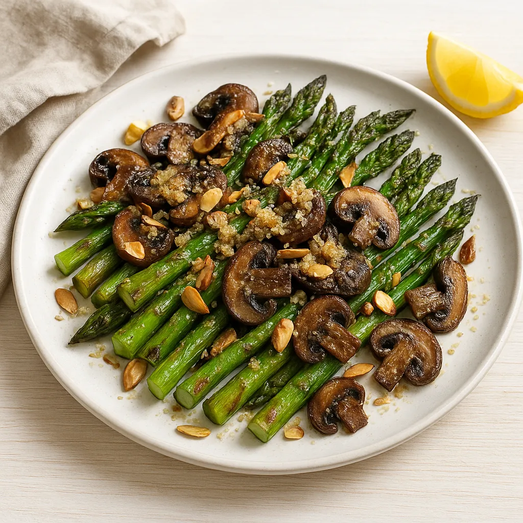 Charred Asparagus and Cremini with Anchovy-Parmesan Butter and Toasted Almonds