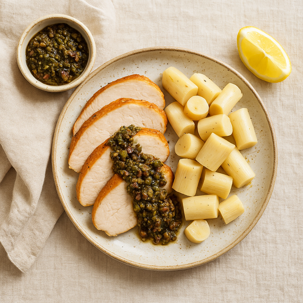 Oven-Roasted Turkey Breast with Olive-Caper Tapenade and Warm Hearts-of-Palm